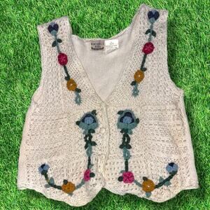 Vintage Rachel’s Kids Sweater Vest Girls Size 14 Crochet Floral Cottagecore